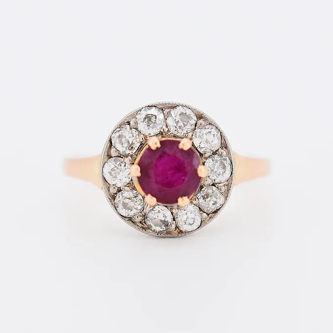 halo gold ruby diamond ring
