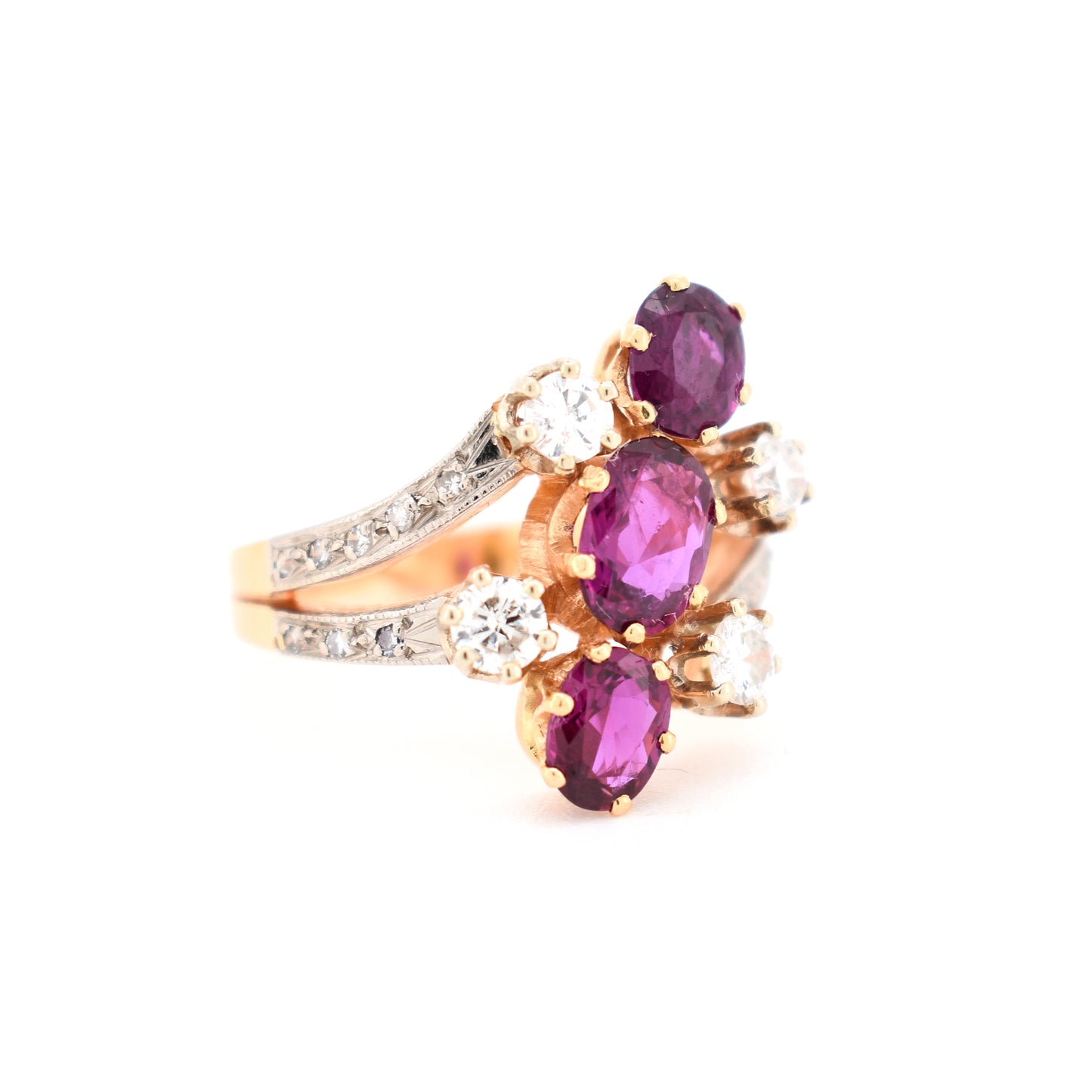 vintage belle époque style ring in 18 carat gold, natural rubies and diamonds, from right