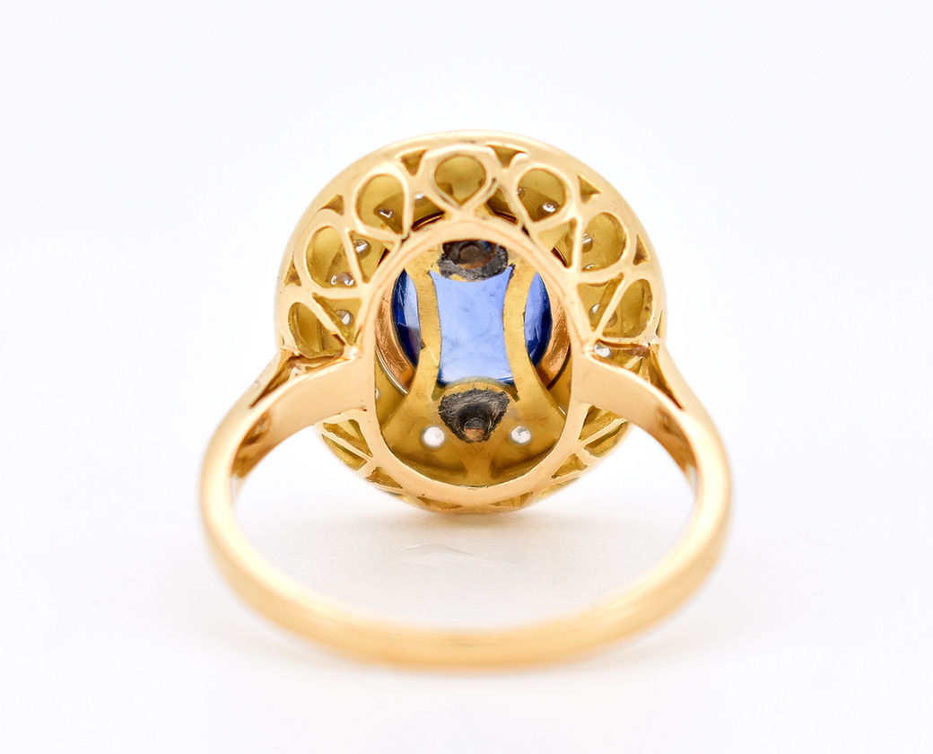 bague halo rétro or diamants saphir ceylan dos
