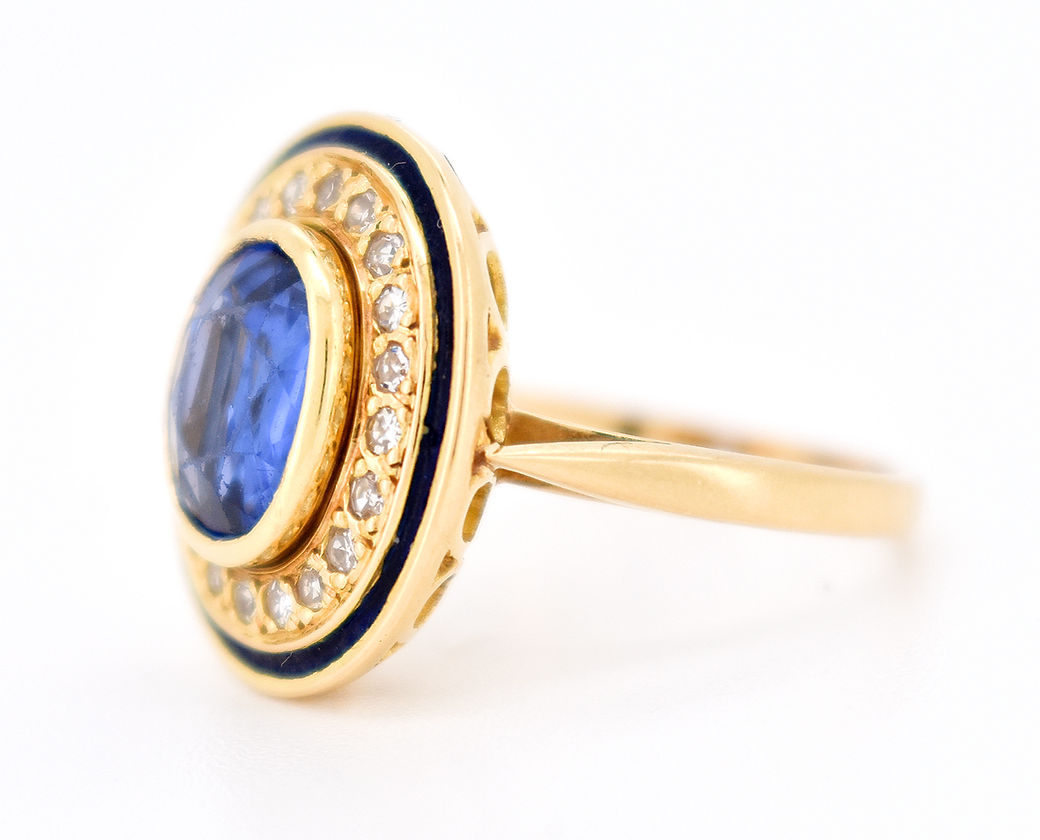 bague halo rétro or diamants saphir ceylan cote