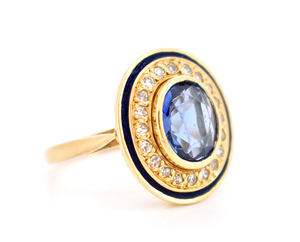 bague halo rétro or diamants saphir ceylan cote 2