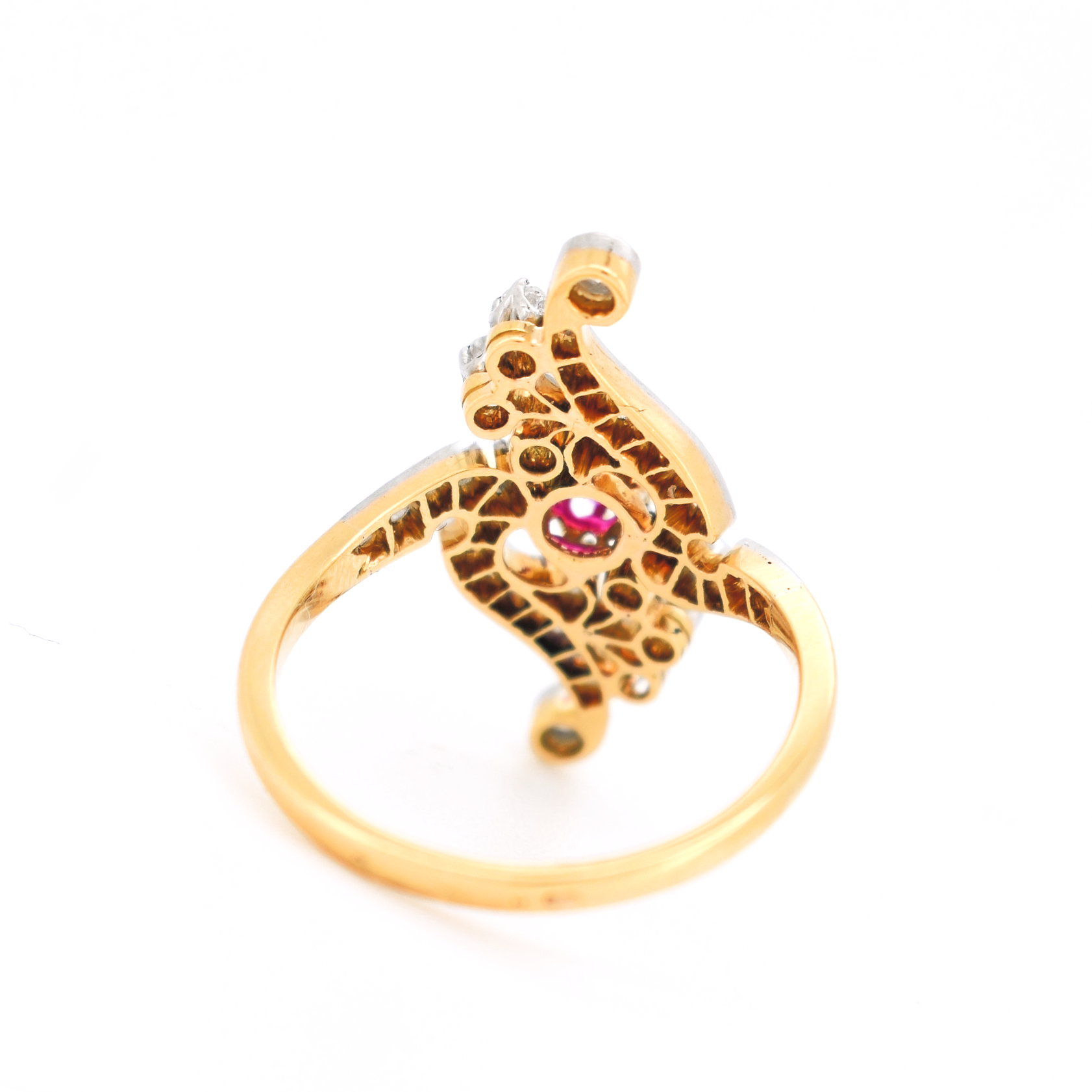 bague belle époque ancienne or platine rubis birman naturel et diamants d'arrière