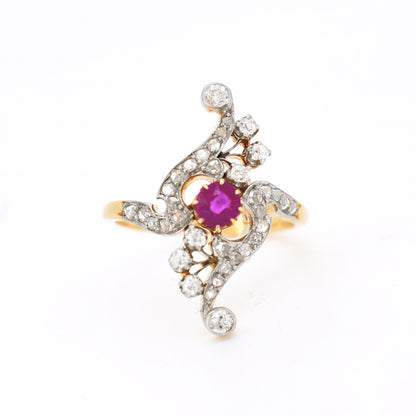 bague belle époque ancienne or platine rubis birman naturel et diamants de face