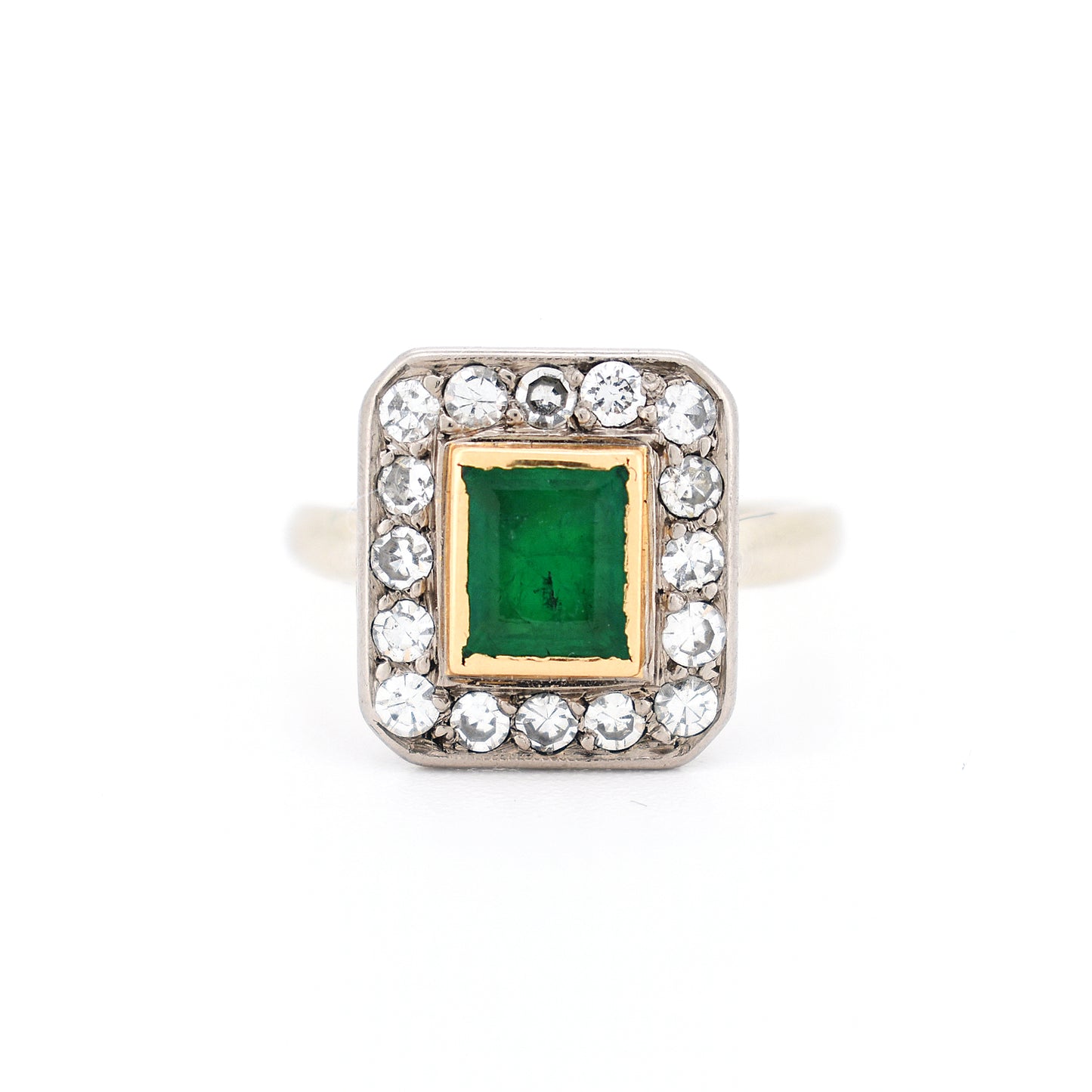 Bague Femme Vintage Or 18 carats émeraude diamants, face