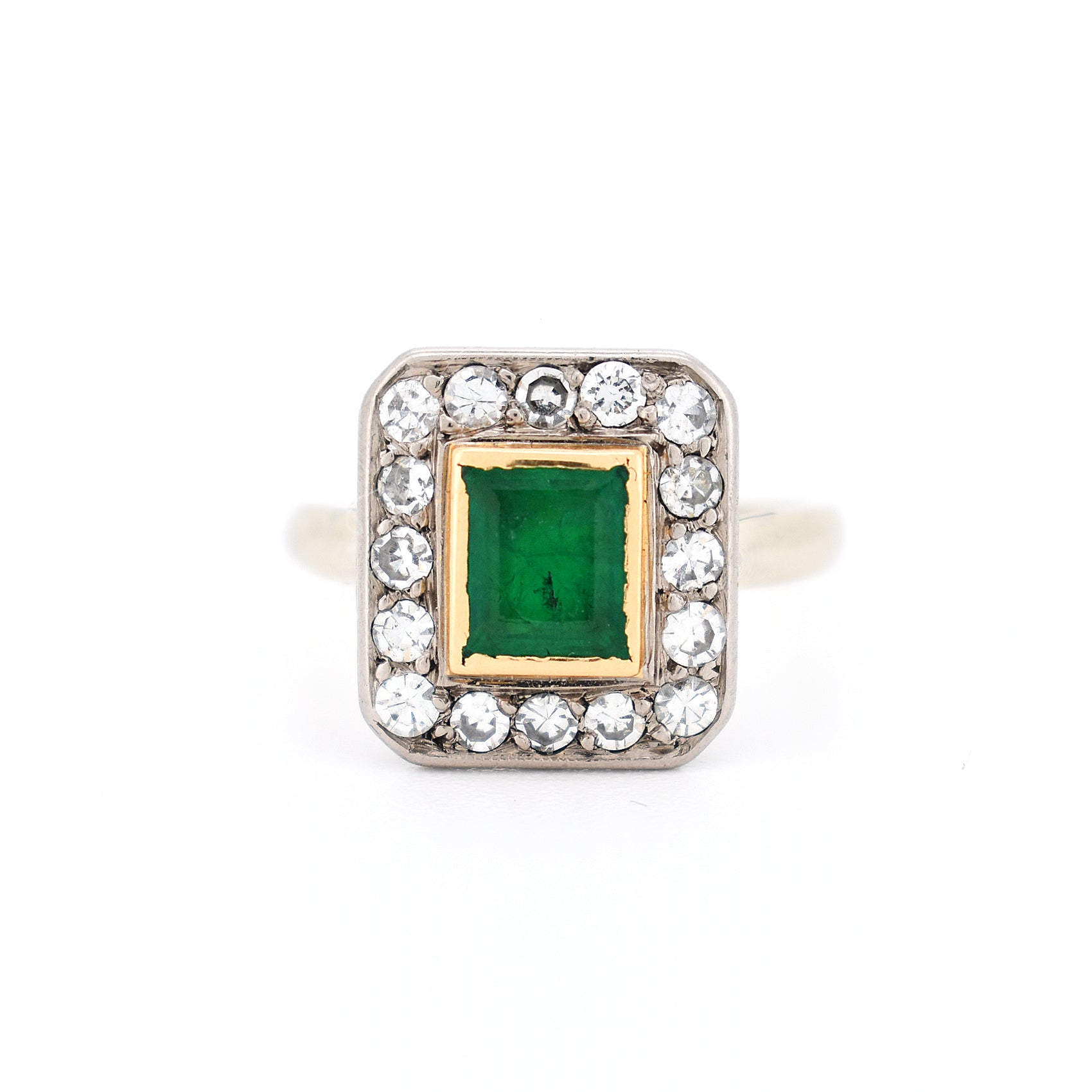 Bague Femme Vintage Or 18 carats émeraude diamants, face