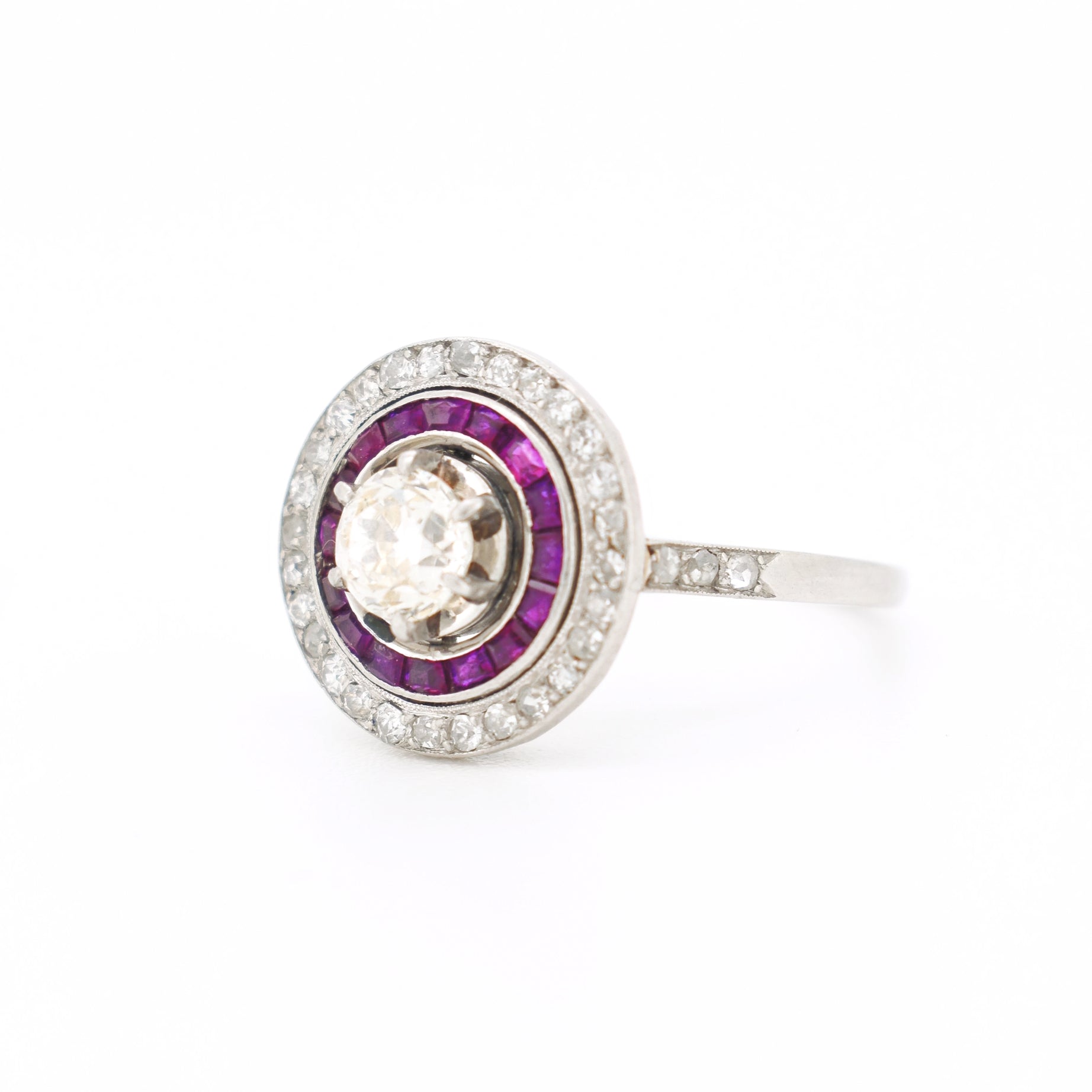 art deco platinum engagement ring, double halo ruby and diamonds, left side