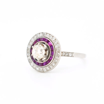 art deco platinum engagement ring, double halo ruby and diamonds, left side