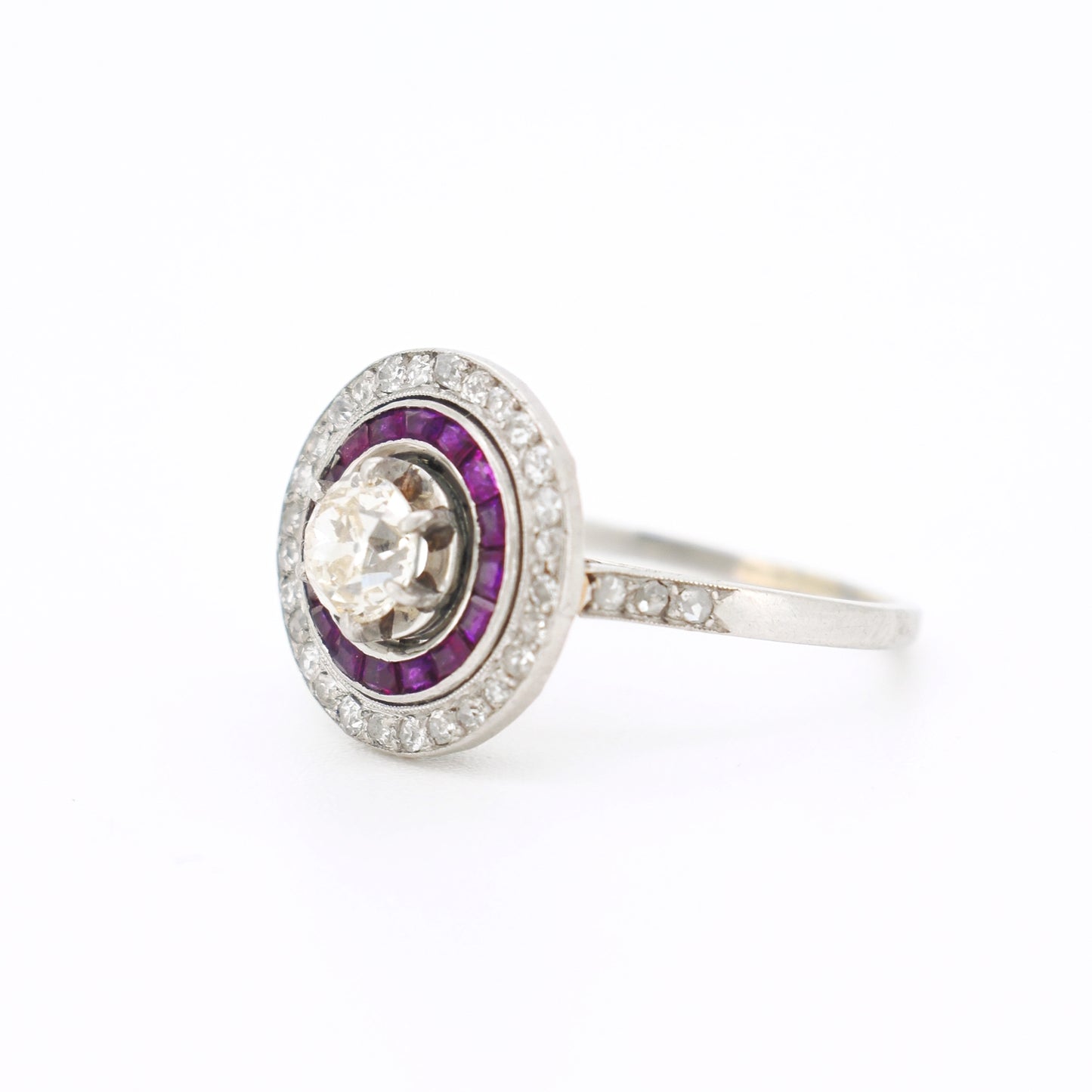 art deco platinum engagement ring, double halo ruby and diamonds, from left