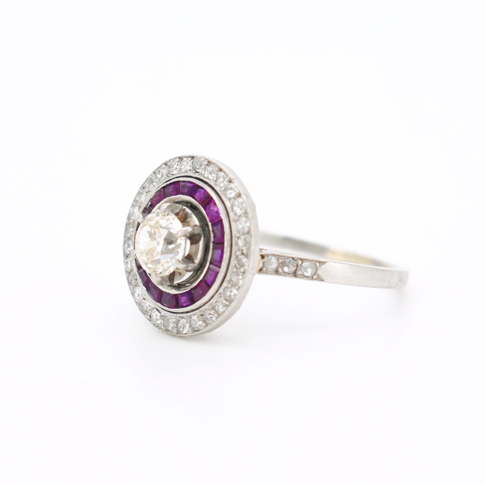 art deco platinum engagement ring, double halo ruby and diamonds, from left