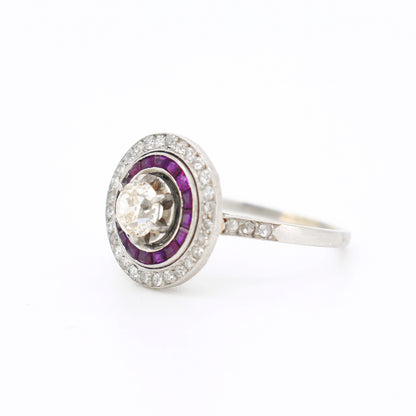 art deco platinum engagement ring, double halo ruby and diamonds, from left