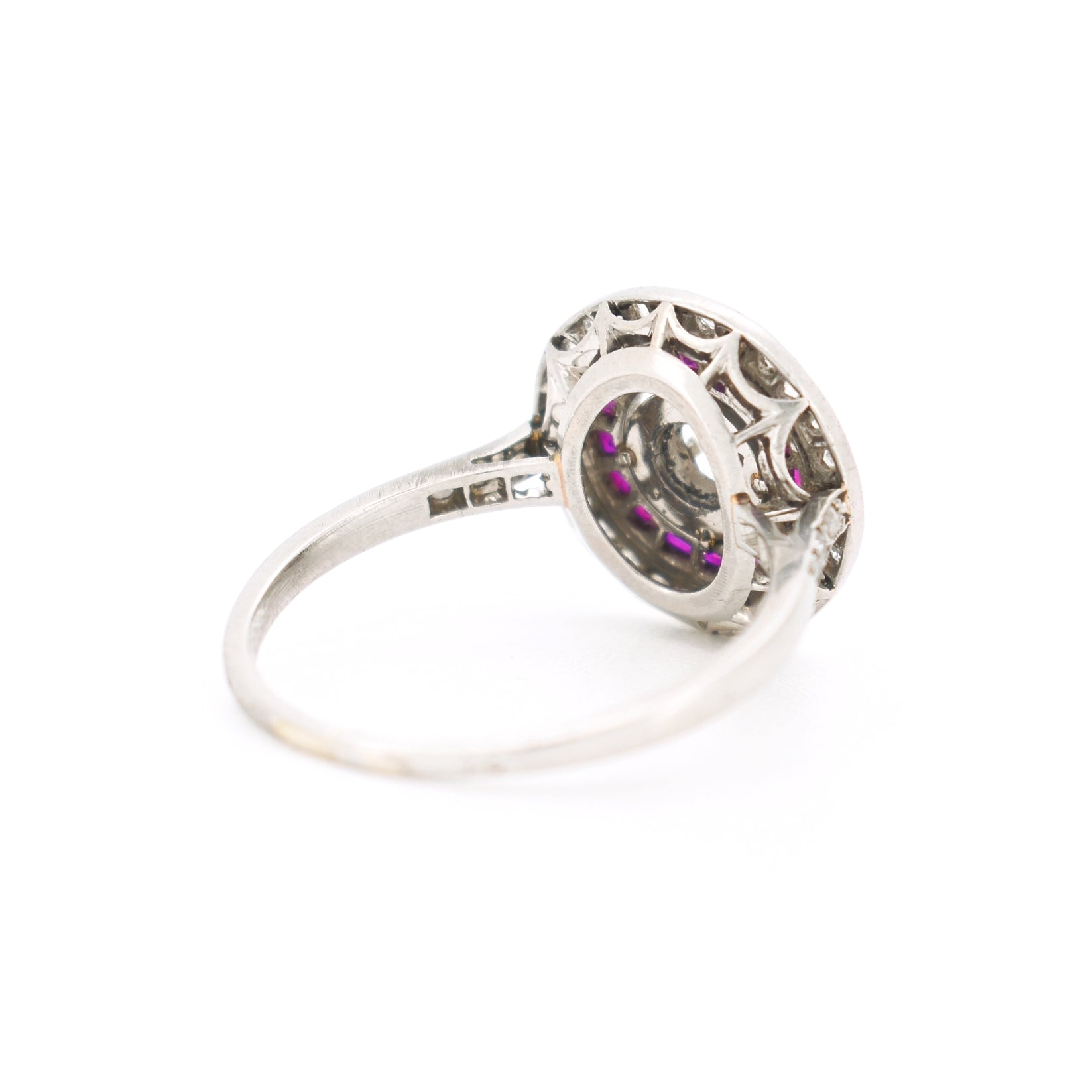 art deco platinum double halo ruby and diamond engagement ring, back right