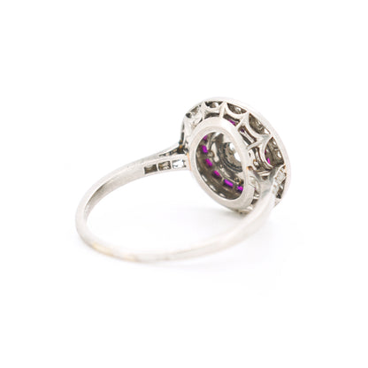 art deco platinum double halo ruby and diamond engagement ring, back right