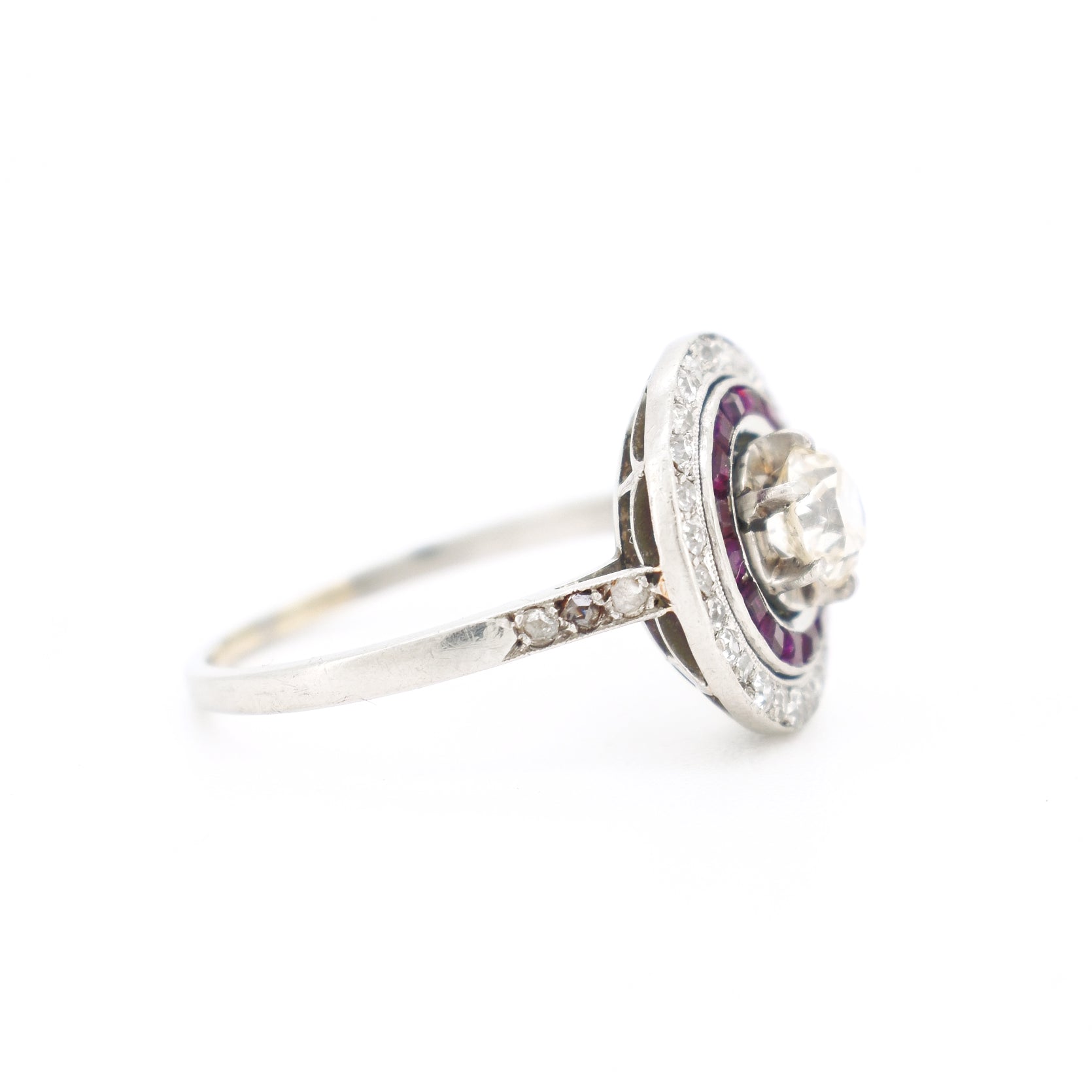 art deco platinum engagement ring, double halo ruby and diamonds, large right side