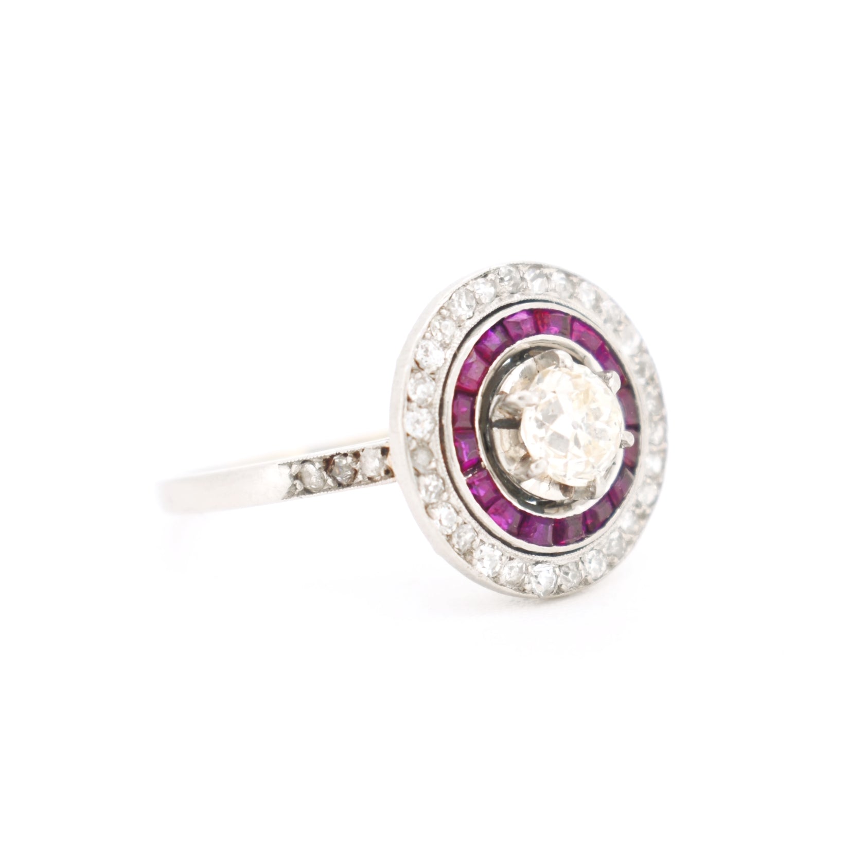 art deco platinum, double halo ruby and diamond engagement ring, right side.