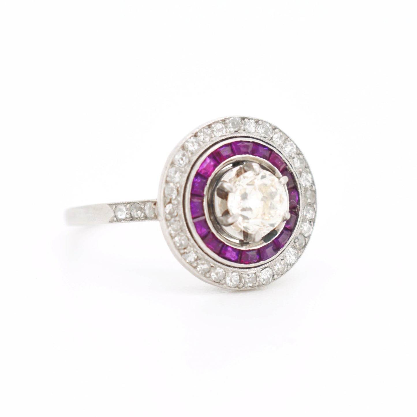 art deco platinum engagement ring, double halo ruby and diamonds, right side