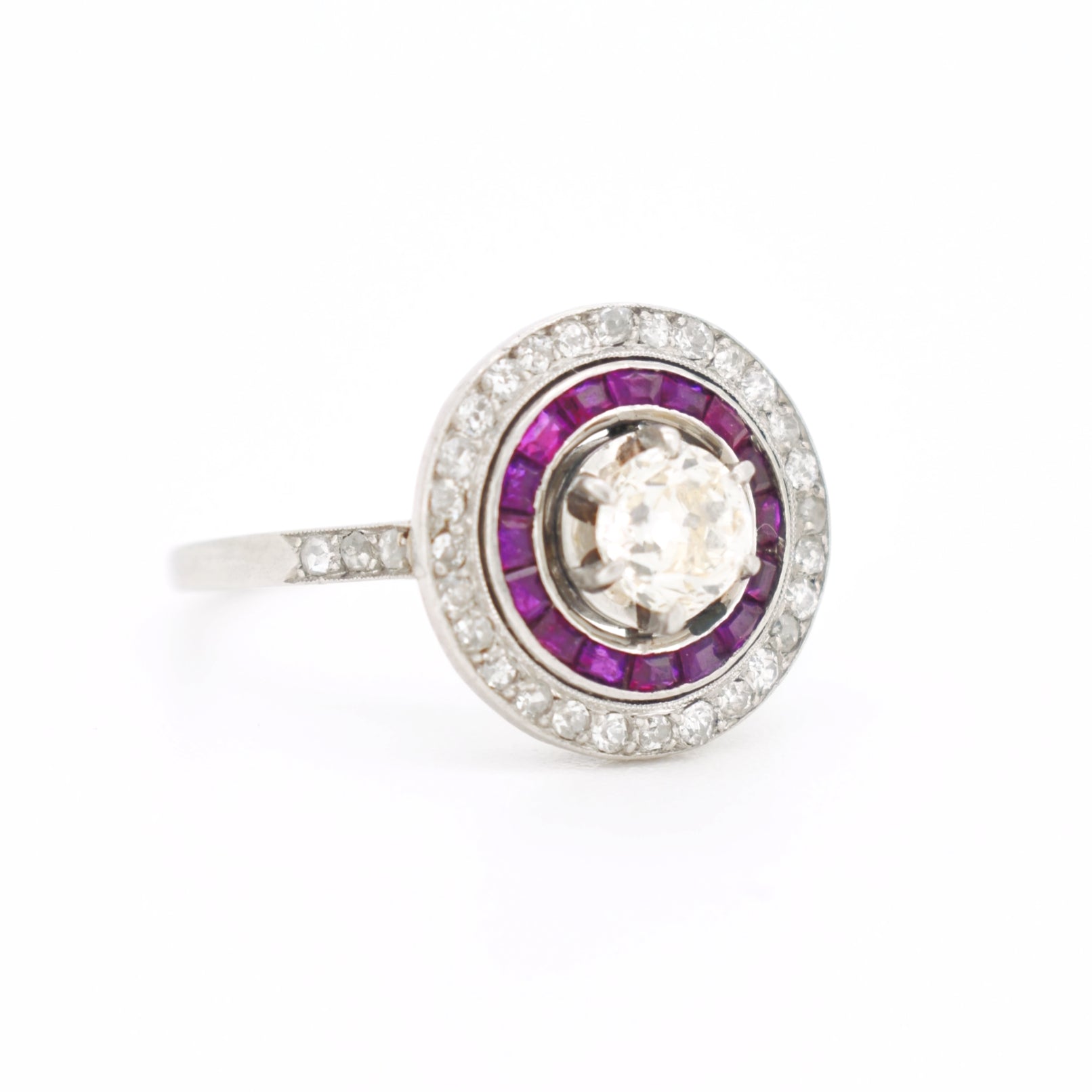 art deco platinum engagement ring, double halo ruby and diamonds, right side