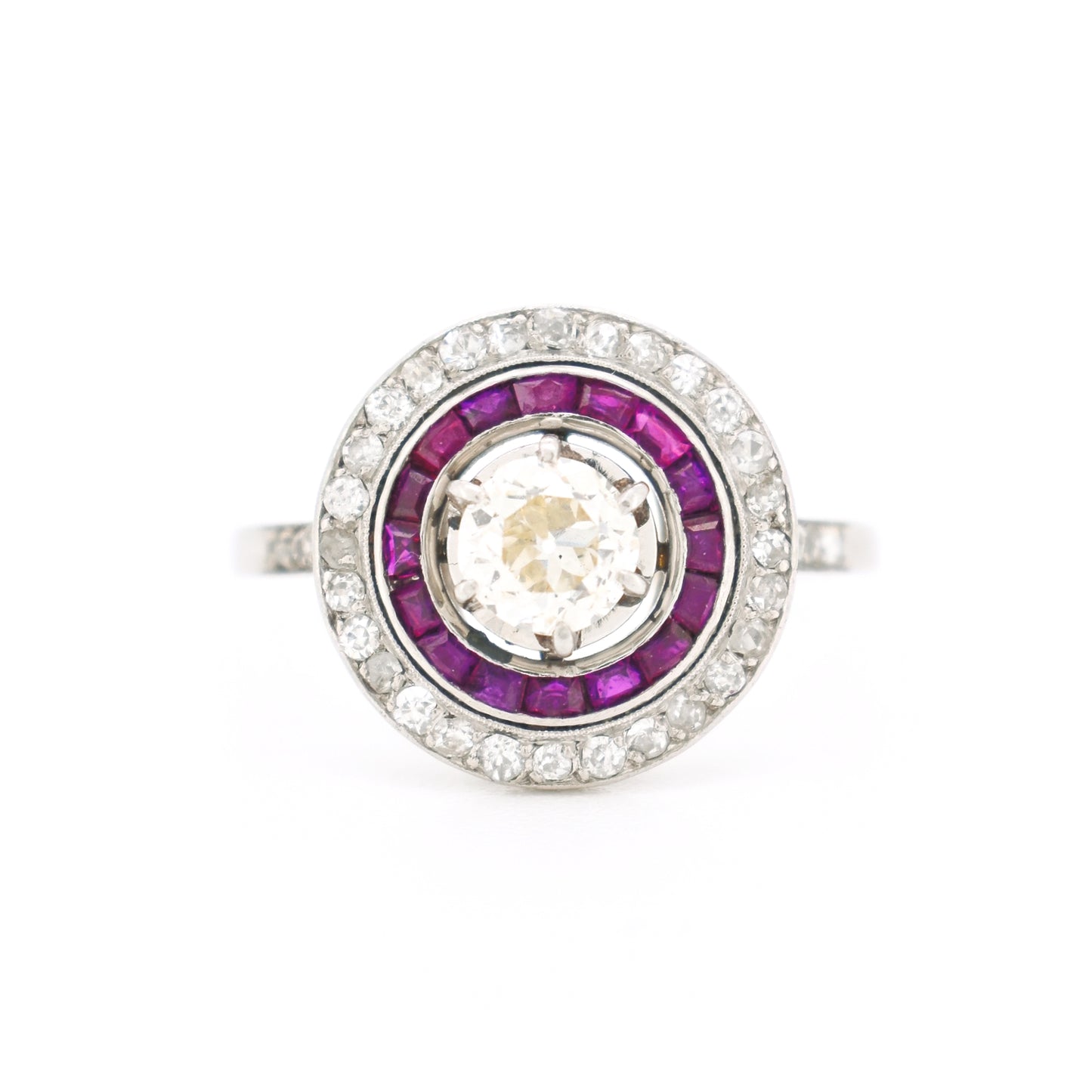 art deco platinum engagement ring, double halo ruby and diamonds, front view
