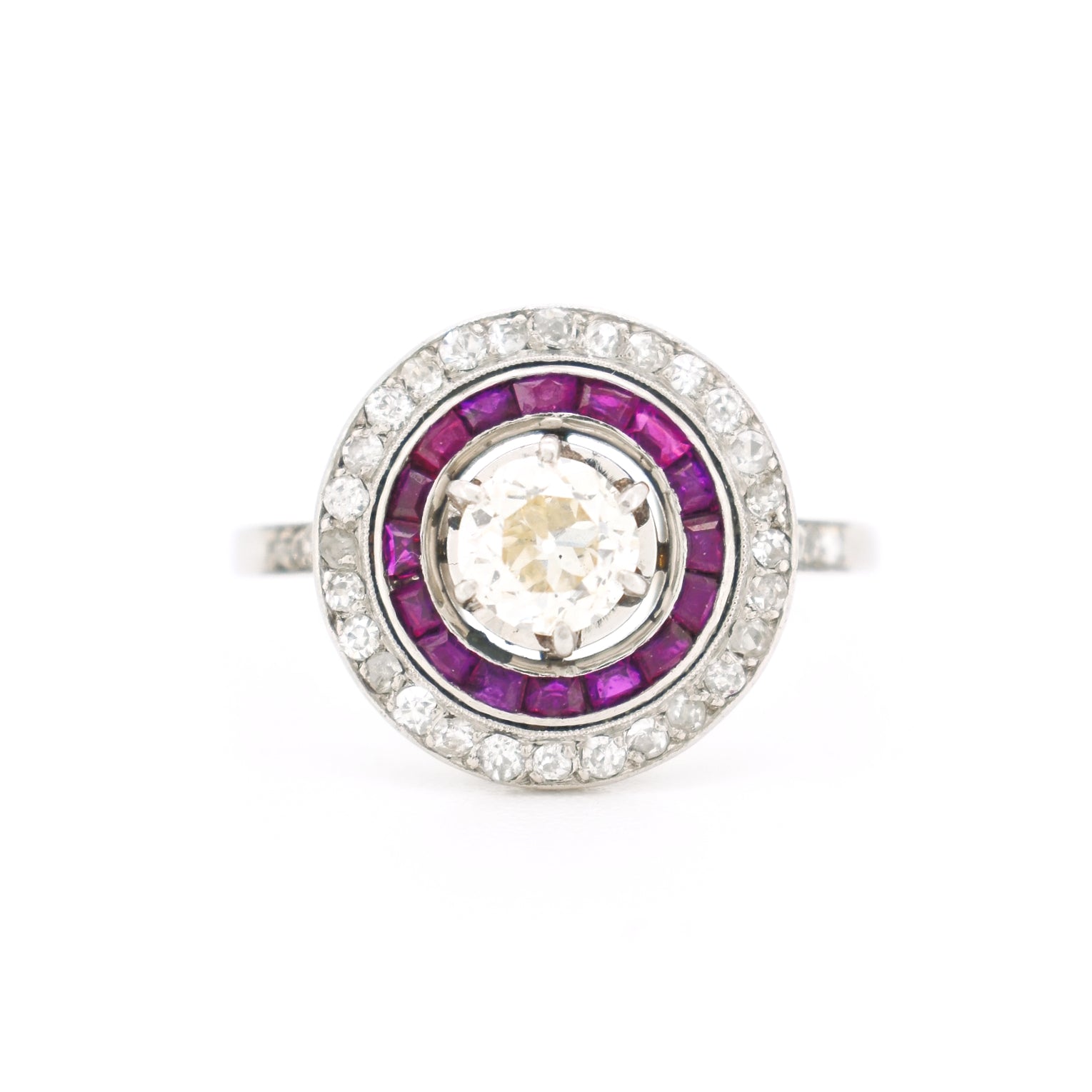 art deco platinum engagement ring, double halo ruby and diamonds, front view