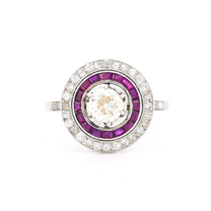 art deco platinum engagement ring, double halo ruby and diamonds, front view
