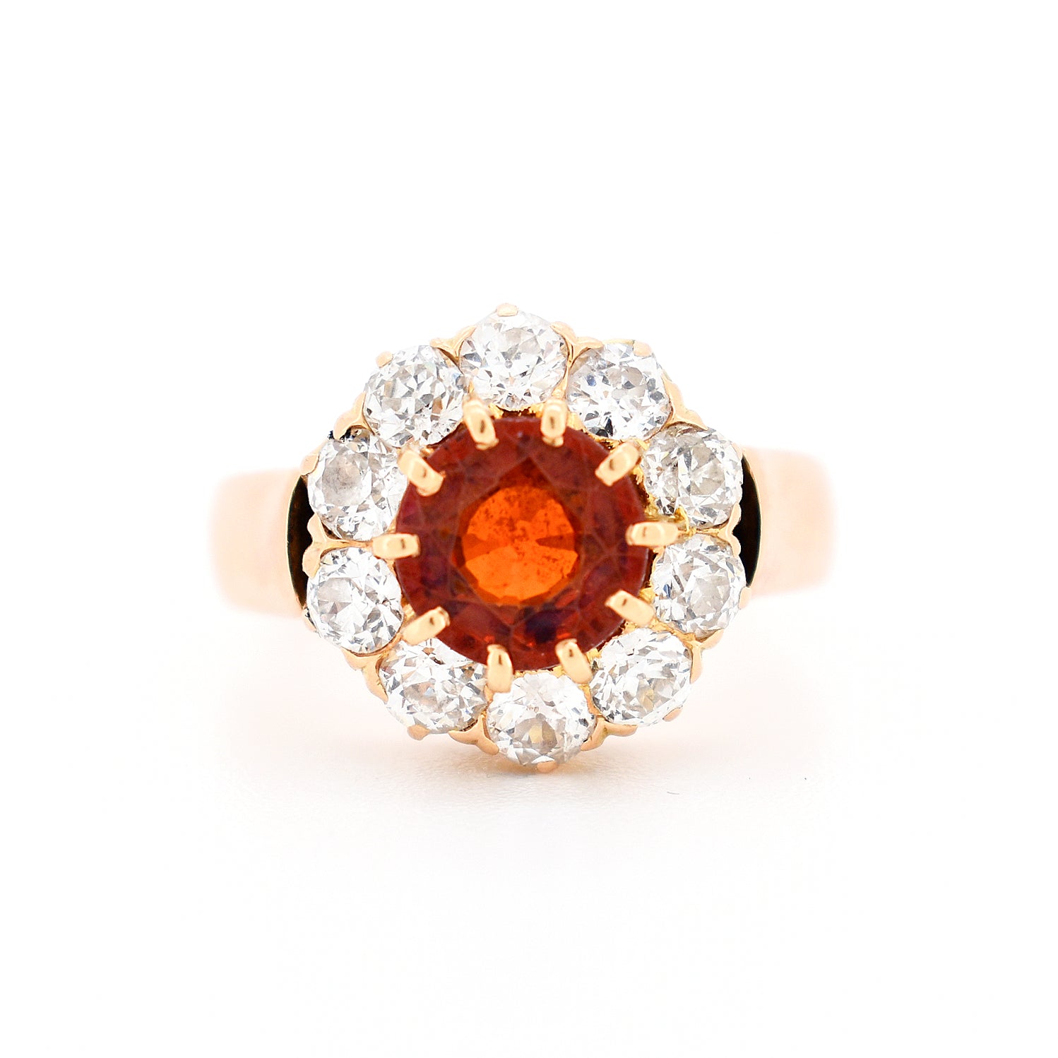 bague marguerite vintage or grenat et diamants, face