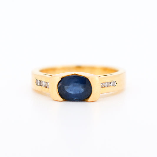 bague femme vintage solitaire or 18 carats saphir naturel et diamants, face