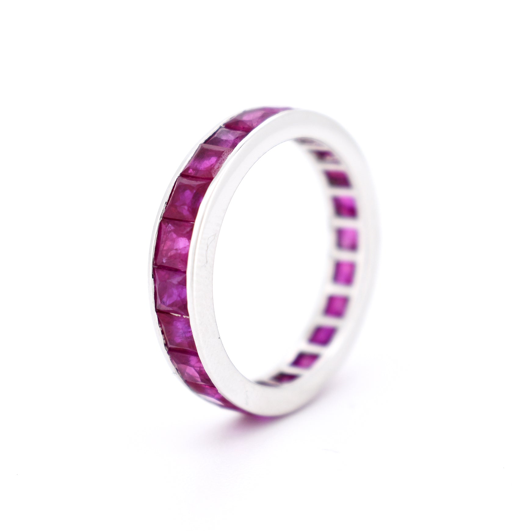 eternity wedding ring, natural rubies, standing