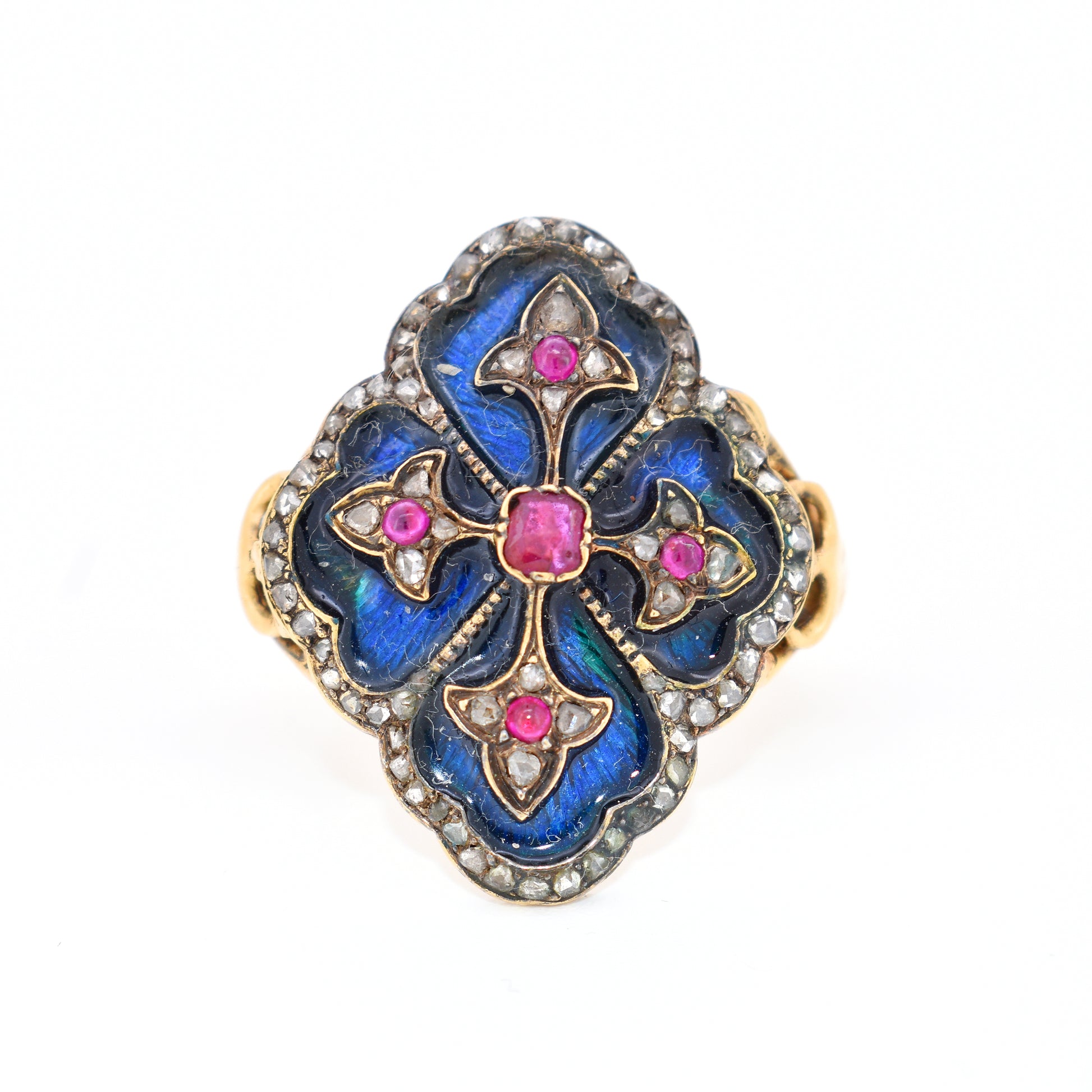 bague blason ancienne or émail rubis et diamants, face