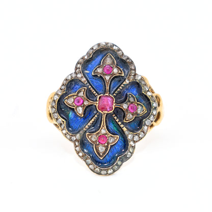 bague blason ancienne or émail rubis et diamants, face