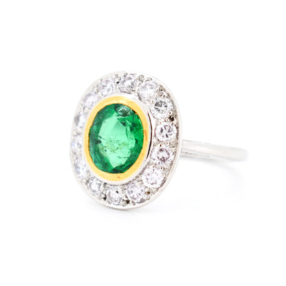 bague halo Art Déco or 18 carats émeraude naturelle et diamants, gauche