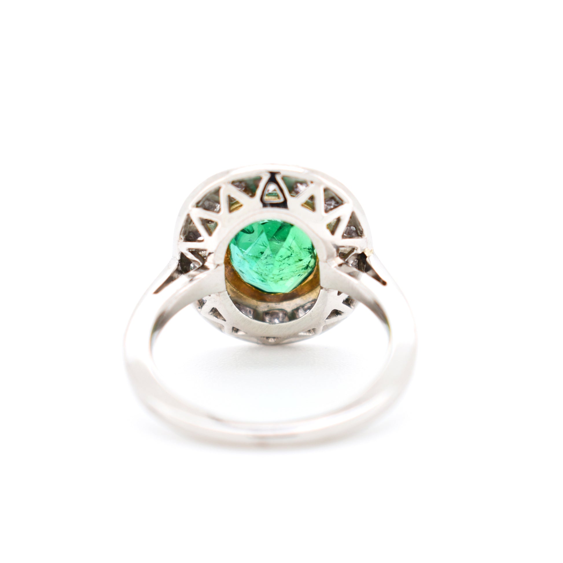 bague halo Art Déco or 18 carats émeraude naturelle et diamants, arrière