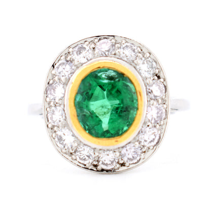 bague halo Art Déco or 18 carats émeraude naturelle et diamants, de face