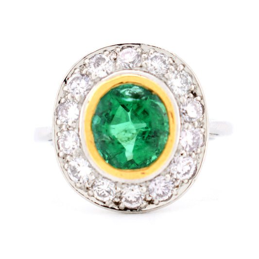 bague halo Art Déco or 18 carats émeraude naturelle et diamants, de face