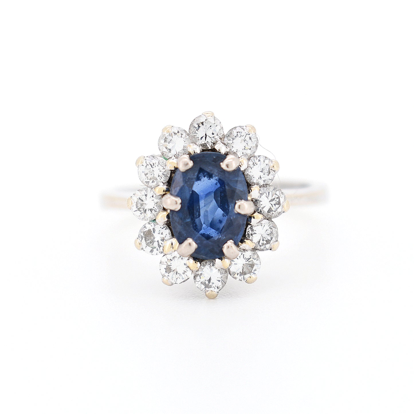 bague marguerite de fiançailles femme vintage or 18 carats saphir diamants, face