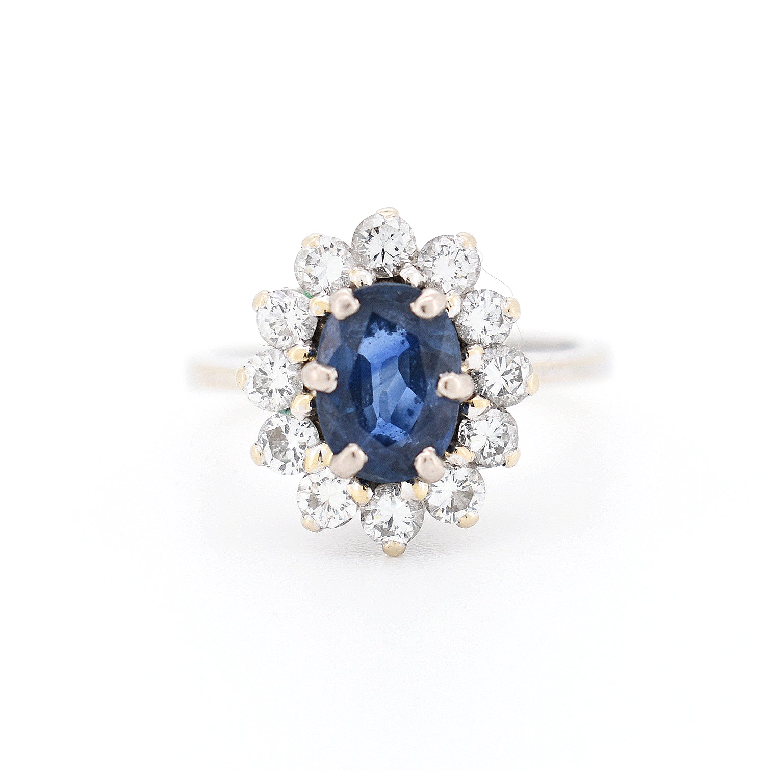 bague marguerite de fiançailles femme vintage or 18 carats saphir diamants, face