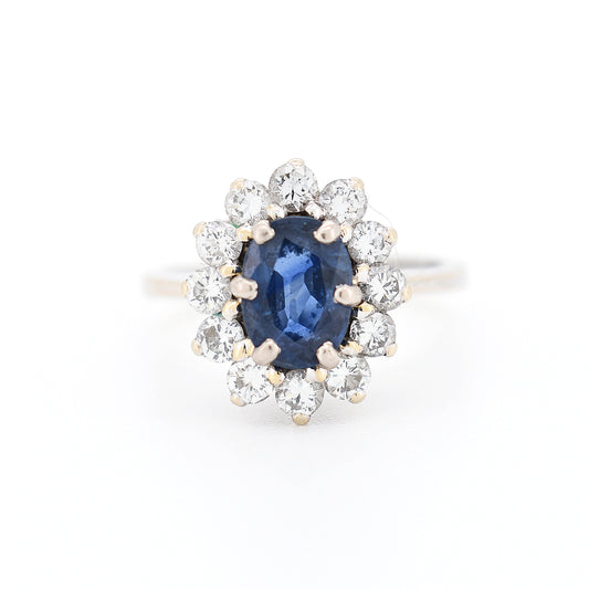 bague marguerite de fiançailles femme vintage or 18 carats saphir diamants, face