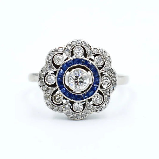 bague fleur art deco platine saphirs diamants