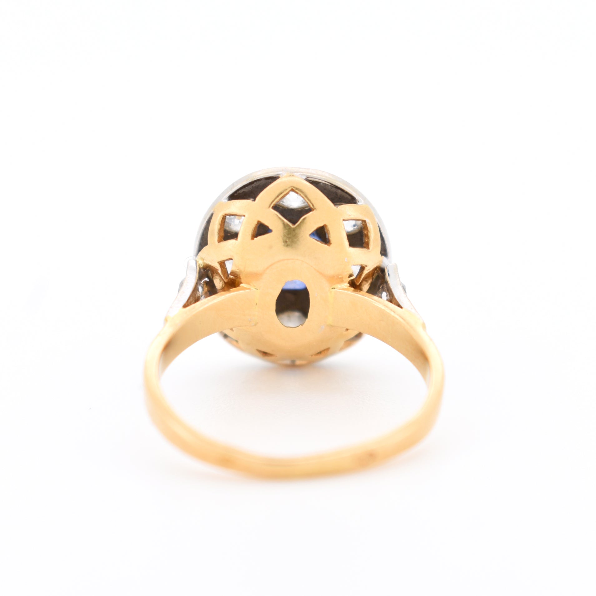 bague halo or 18 carats diamants saphir femme vintage, dos