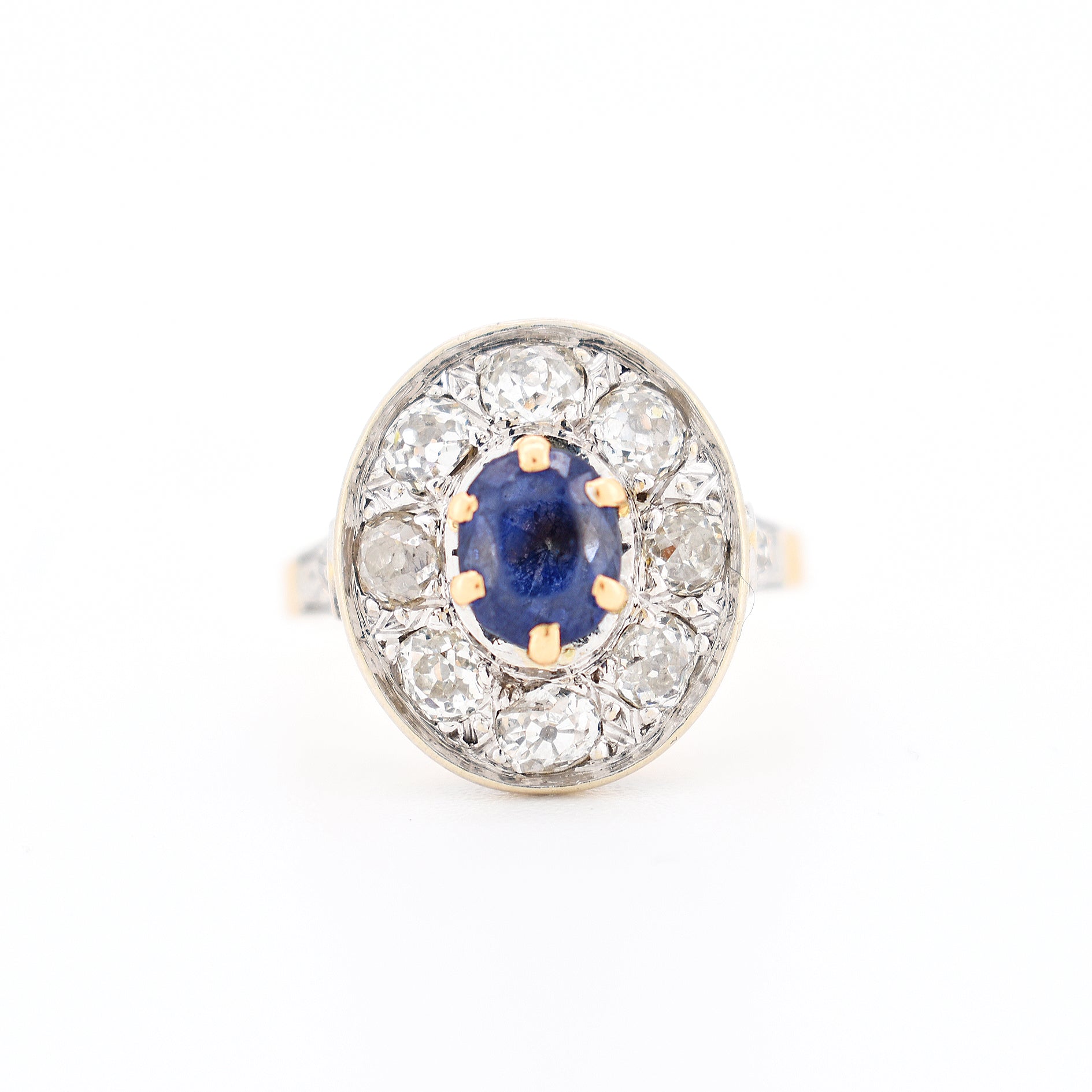 bague halo or 18 carats diamants saphir femme vintage, face