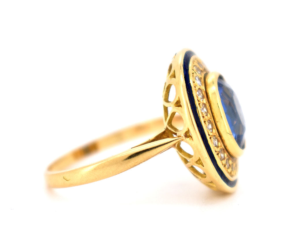 bague halo rétro or diamants saphir ceylan