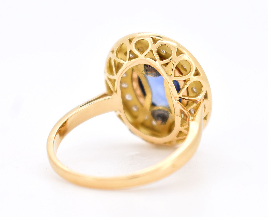 bague halo rétro or diamants saphir ceylan