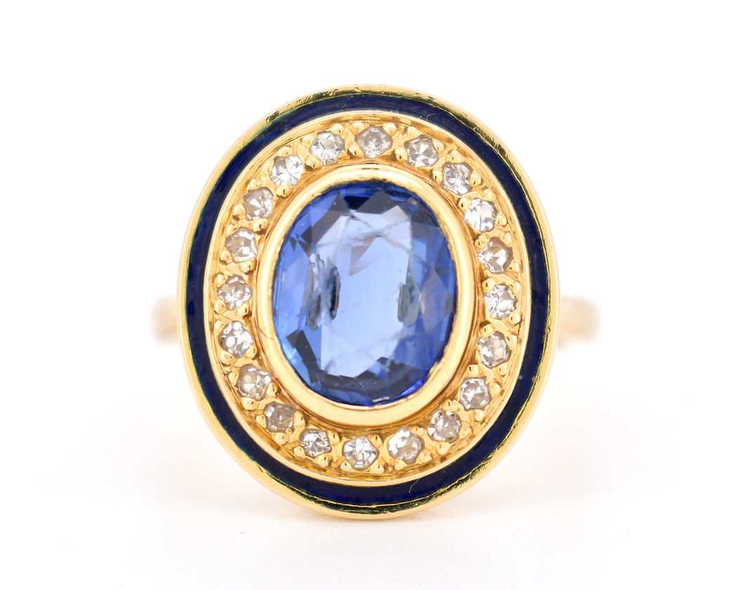 bague halo rétro or diamants saphir ceylan