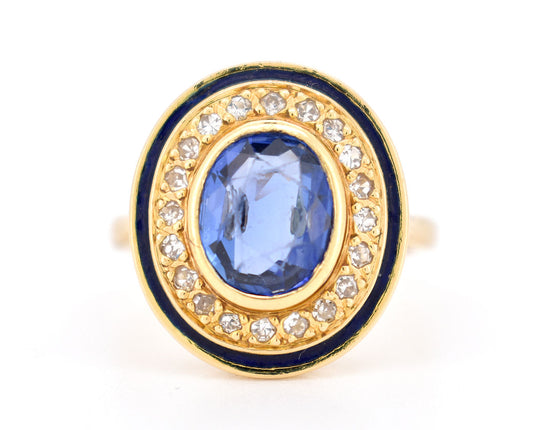 bague halo rétro or diamants saphir ceylan