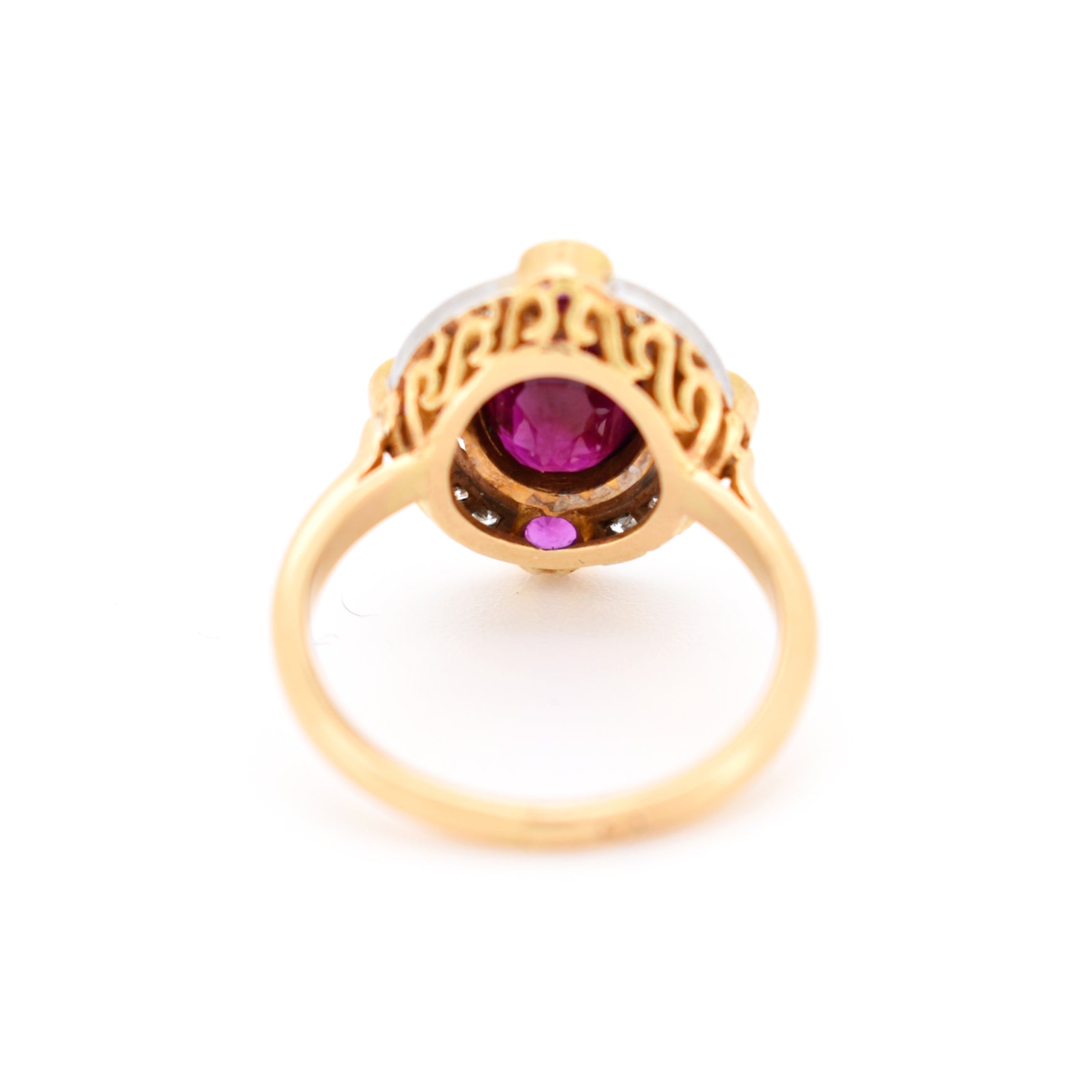 vintage 18-carat gold Burmese ruby and diamond halo ring, back