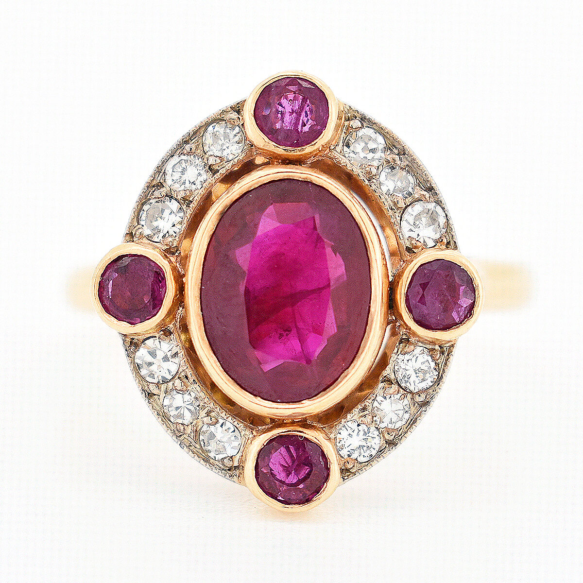 vintage halo ring, 18-carat gold, Burmese ruby and diamonds, face