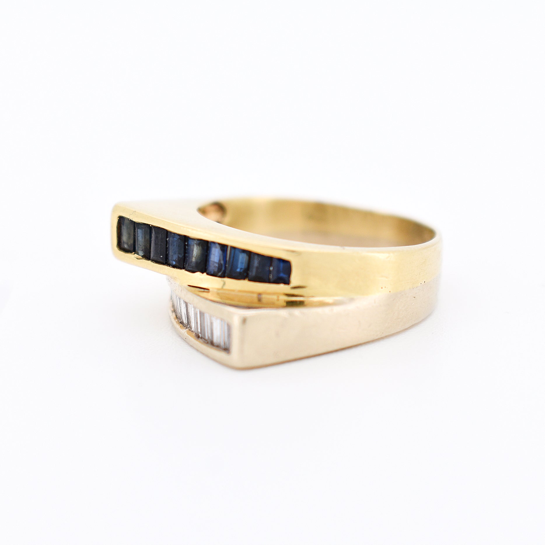 gold diamond sapphire ring, left