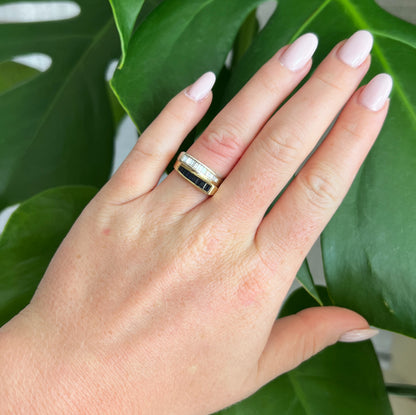 women's gold diamond sapphire ring, worn