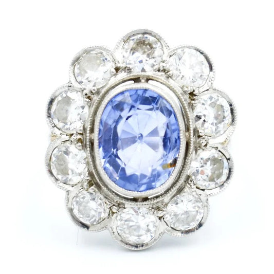 bague pompadour art deco platine saphir ceylan diamants