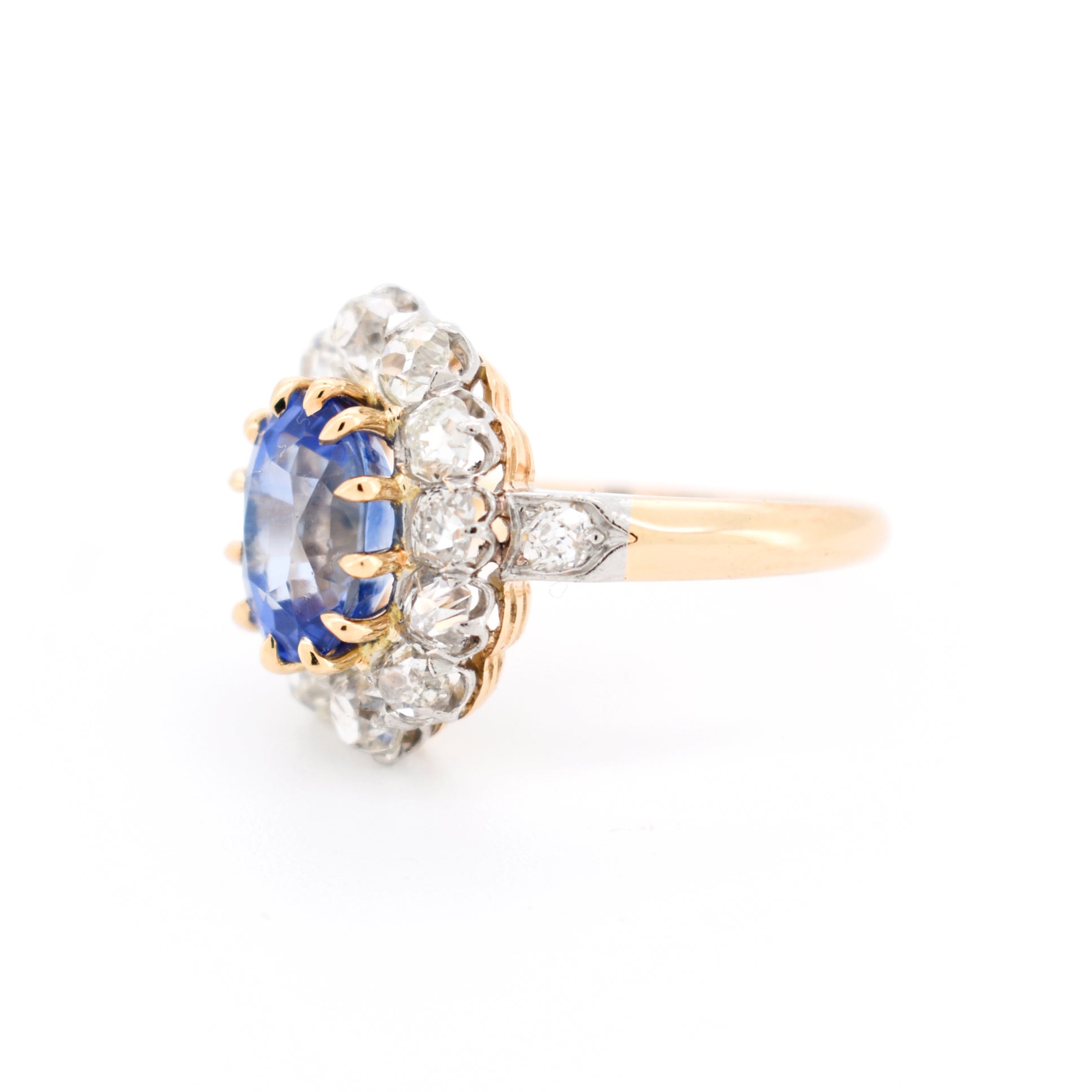 Bague pompadour or saphir ceylan et diamants belle époque, gauche