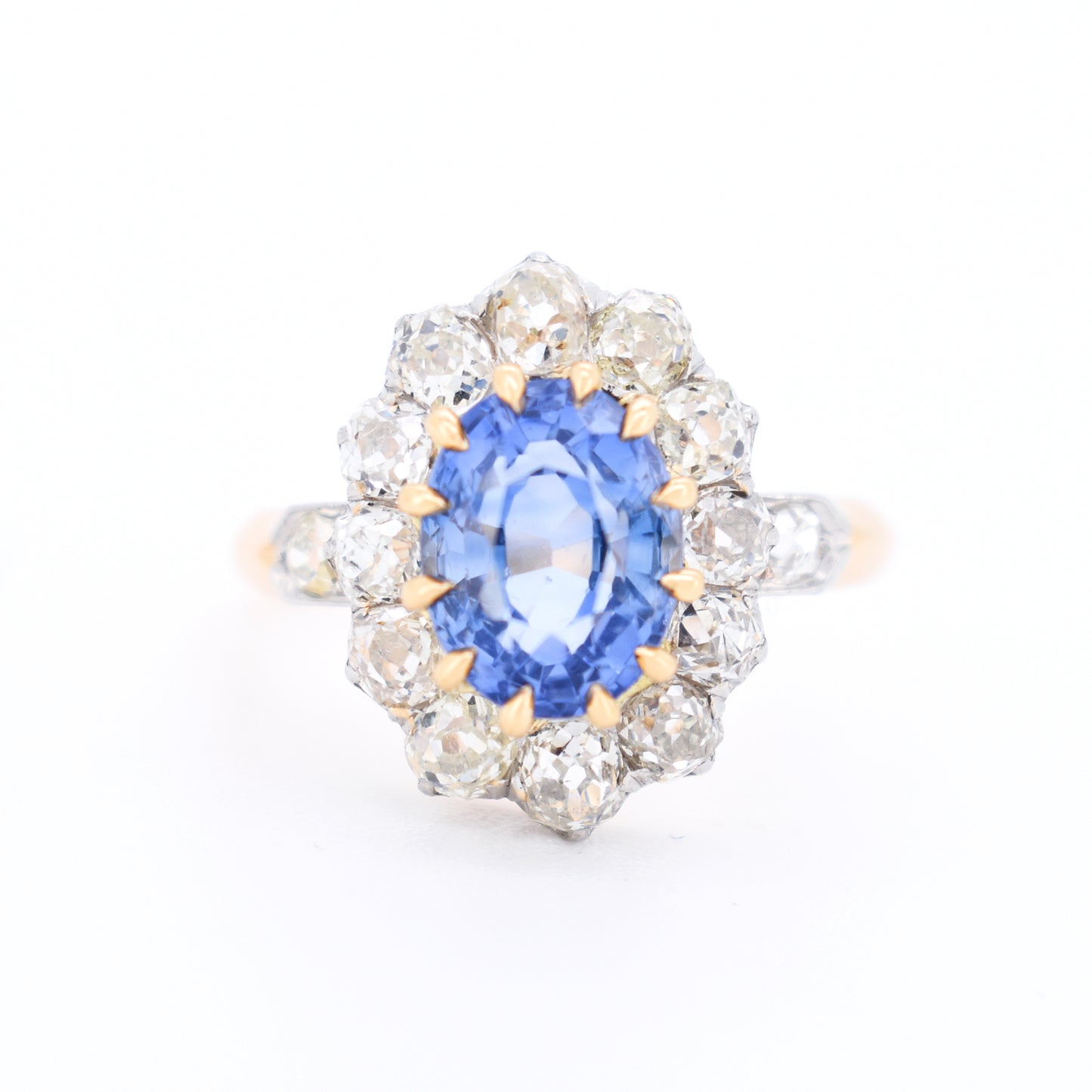 Bague pompadour or saphir ceylan et diamants belle époque, face