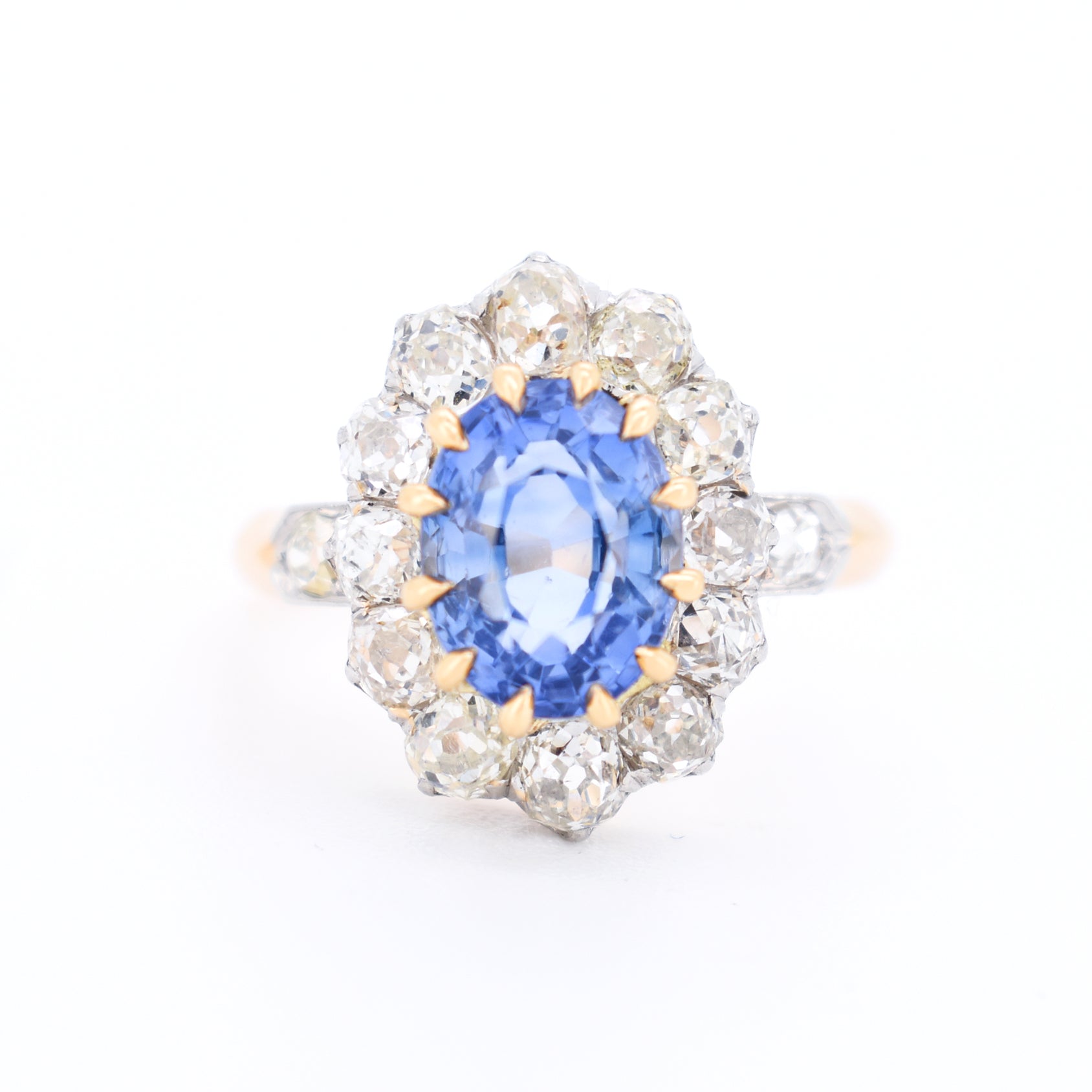 Bague pompadour or saphir ceylan et diamants belle époque, face